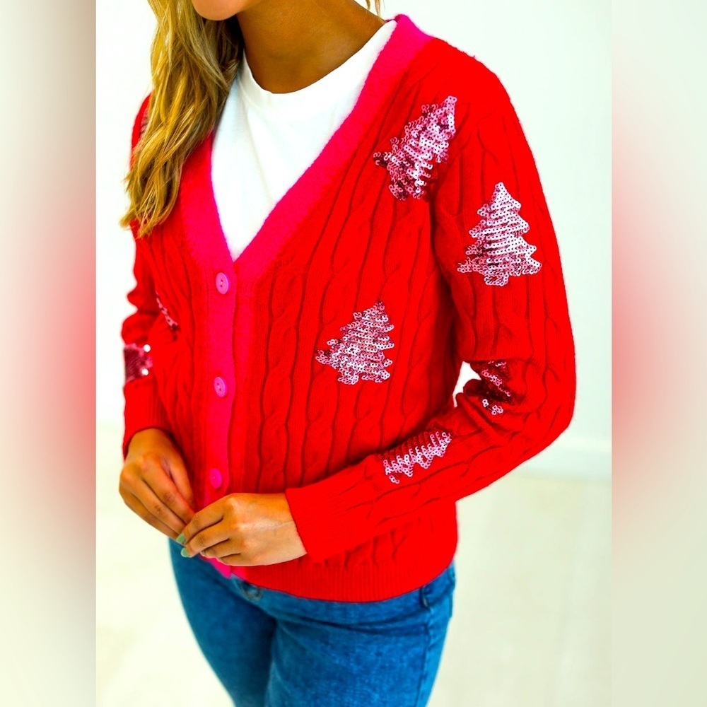 Southern Grace Bright Red Button Down Oversized Cardigan Pink Trim Sequin Trees - Picture 11 of 11